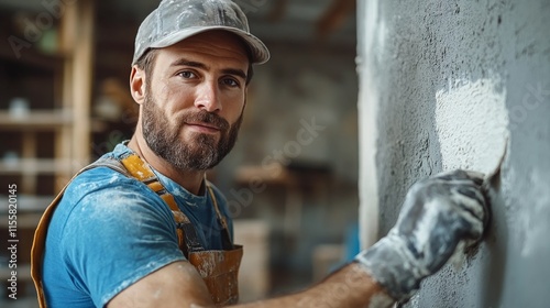 Smiling construction worker in safety gear during renovation project indoors