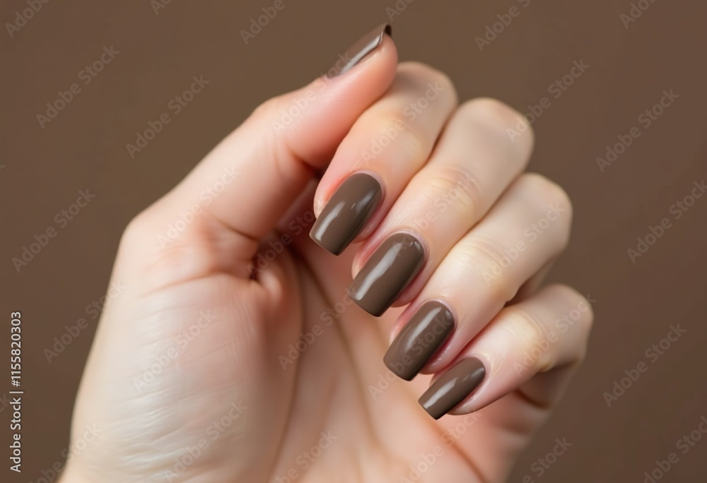 Hand with manicured nails with dark brown nail polish, mocha mousse trend fashion design 2025 Hand with manicured nails with dark brown nail polish, mocha mousse trend fashion design 2025