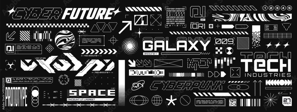 Retro futuristic streetwear element, cyberpunk aesthetic decals. Sci-fi inscriptions or stickers, techwear label template, acid forms and symbols, minimalist high tech graphic design assets vector set