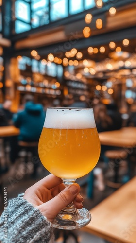 Craft beer tasting in a modern brewery with warm lights and wooden decor