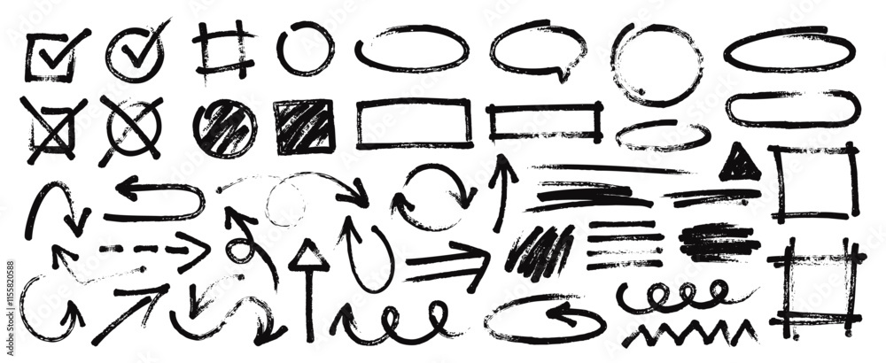Hand drawn black marker lines, frames, arrows, rough sketch shapes and circles. Grunge ink brush underline strokes, bold scribbles, check marks, dry permanent markers doodle elements vector set