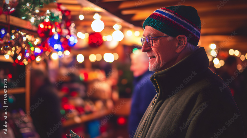 Obraz premium Elderly man enjoying Christmas shopping at the local market