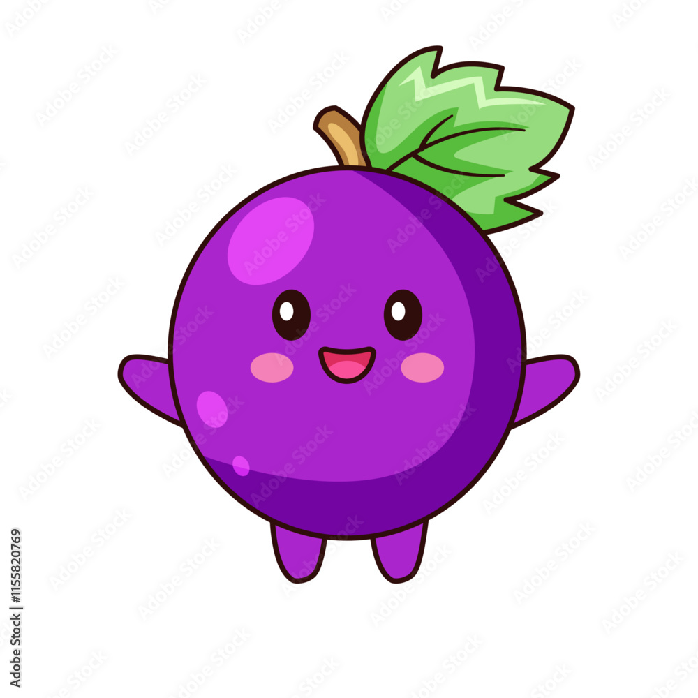 Obraz premium Cute Grape Cartoon Kawaii Sticker. Character Vector Illustration