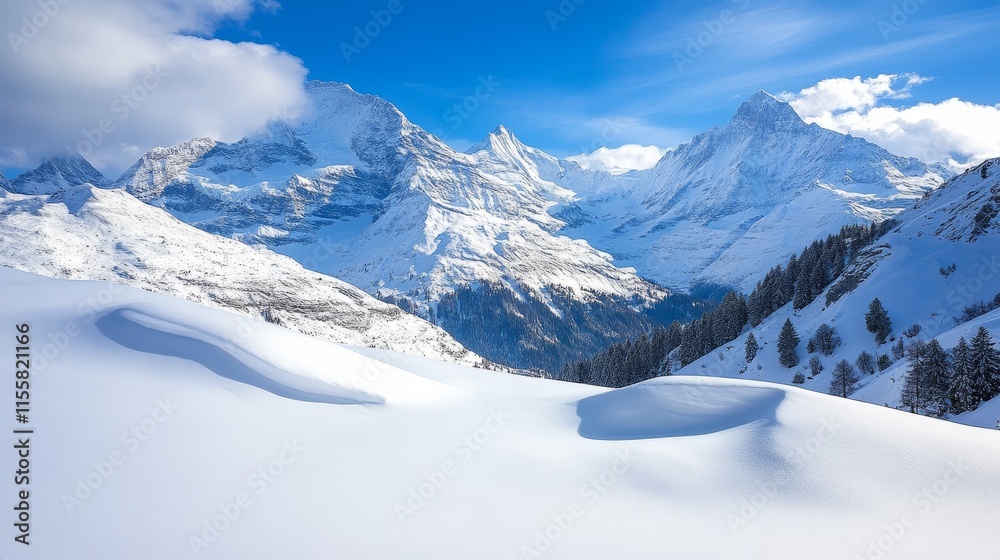 A breathtaking snowy mountain landscape under a clear blue sky. A breathtaking snowy mountain landscape under a clear blue sky.