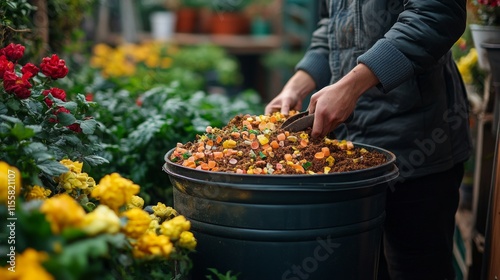 Gardener planting vegetables in a community garden during early morning sunlight
