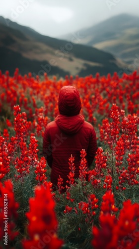 Woman walking through a vibrant field of red flowers at sunset
