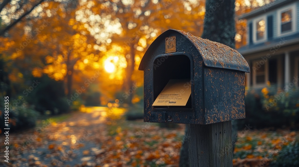 Unusual mailbox filled with green cards glowing in warm light surrounded by lush greenery Unusual mailbox filled with green cards glowing in warm light surrounded by lush greenery