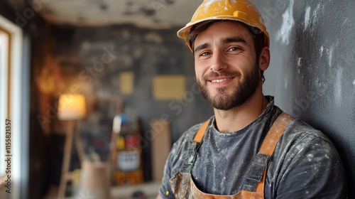 Smiling construction worker in safety gear during renovation project indoors