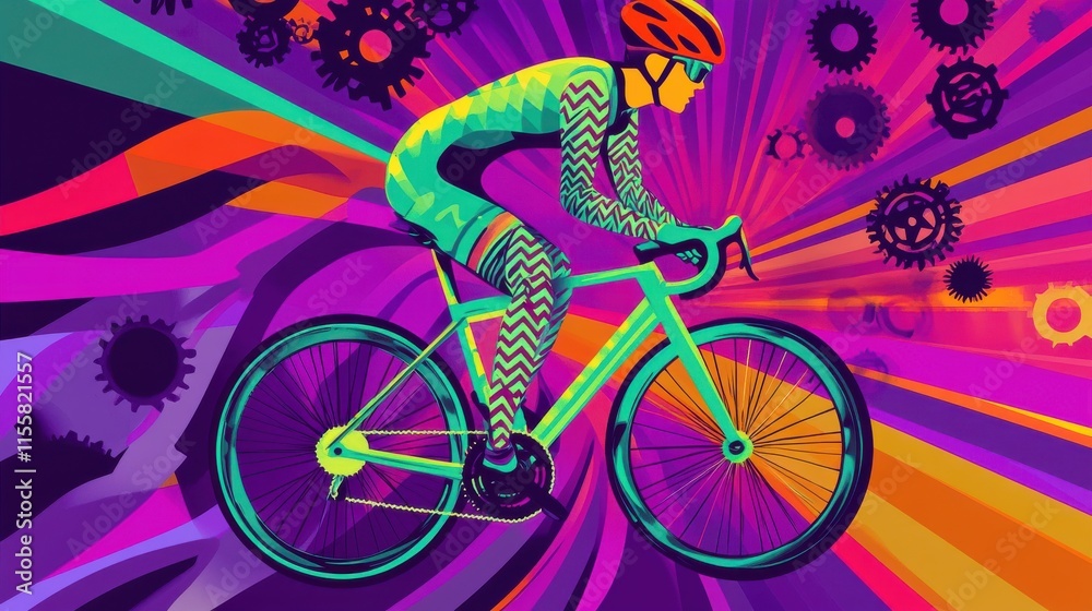 Fototapeta premium Colorful abstract illustration of cyclist in geometric gear and helmet