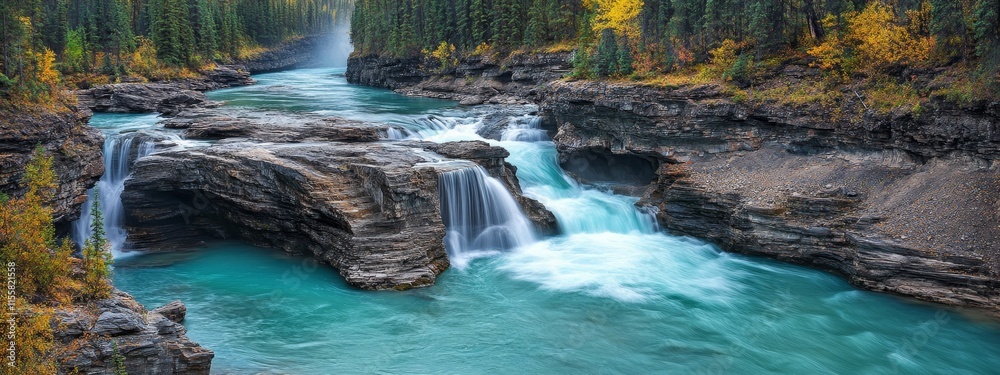 Naklejka premium A serene river flows through a rocky landscape surrounded by vibrant autumn foliage.