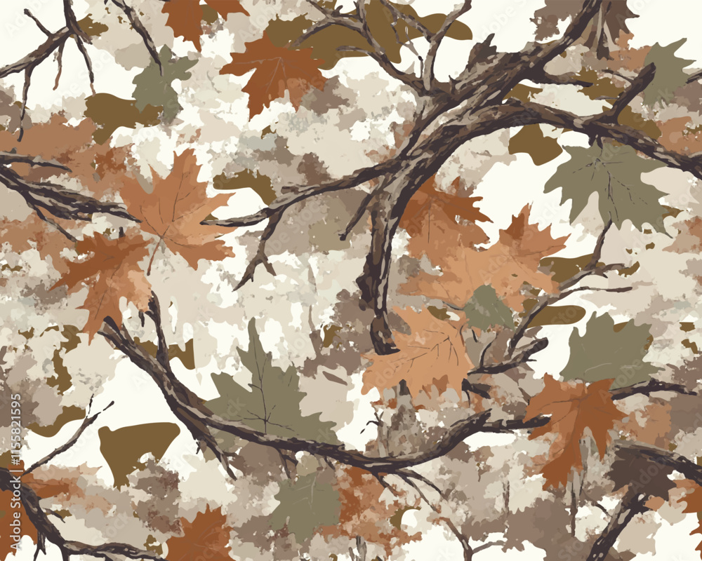 Leaves hunting camouflage pattern. Forest camouflage. Tree branches, leaves, acorns, Christmas trees. Pattern for clothing, various products.