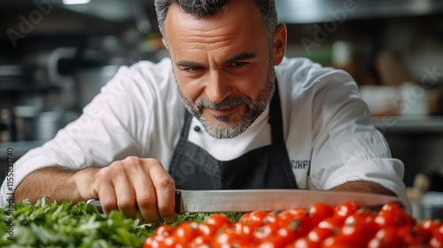 Chef skillfully preparing fresh ingredients in a modern kitchen setting
