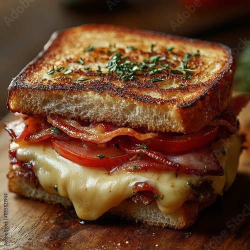 A delicious toasted sandwich with turkey, bacon, and ham, topped with melted Swiss cheese and tomatoes photo