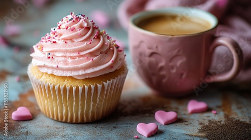 Sweet cupcake with pink frosting and latte art on wooden table during afternoon