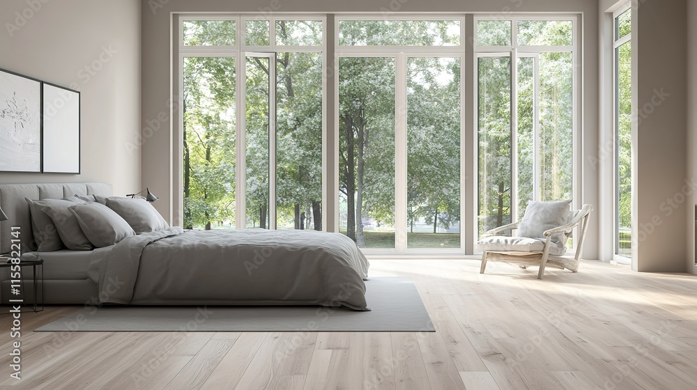 Fototapeta premium Spacious bedroom with large windows, inviting natural light and