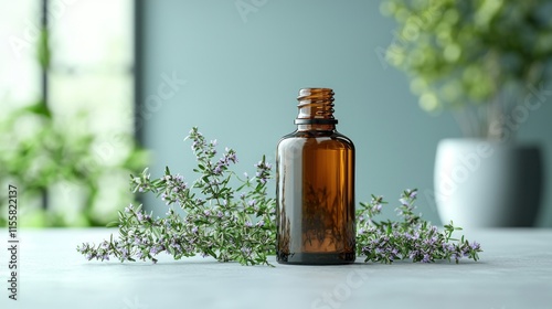 Amber bottle with essential oil and thyme.