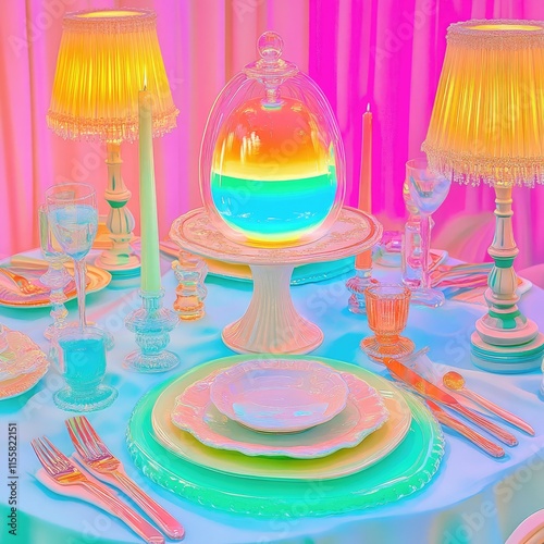 A vibrant, whimsical dining table set with colorful decor and layered dishes. photo