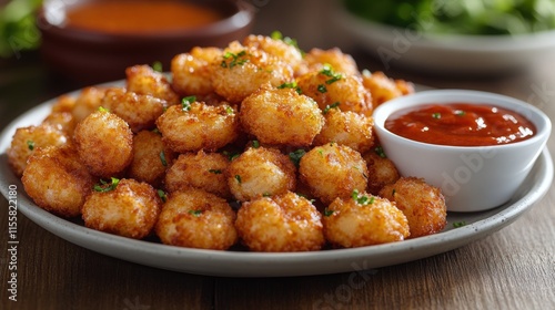 Delicious golden fried shrimp served with dipping sauce on a rustic wooden table