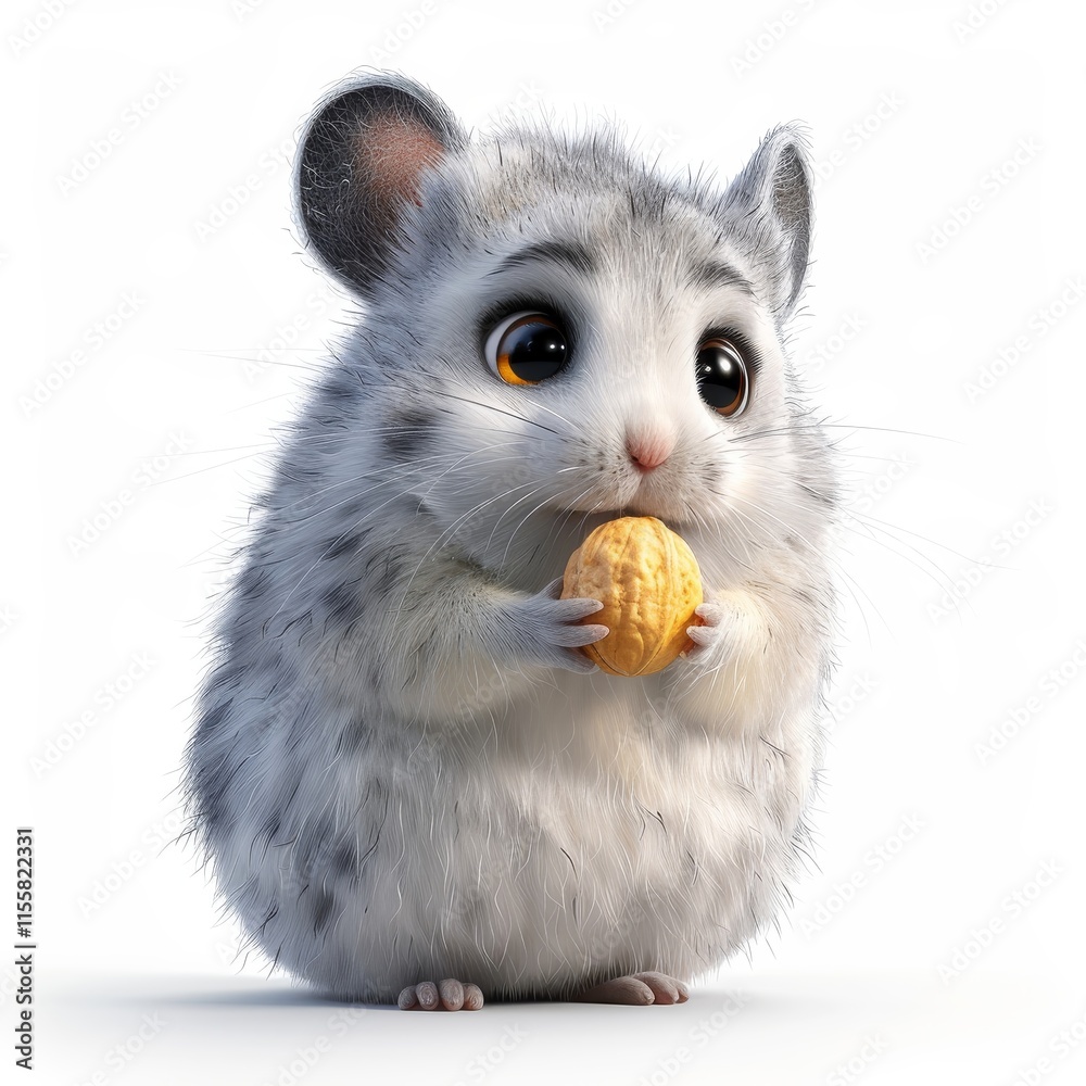 A small, fluffy hamster with soft gray and white fur holds a nut in its tiny paws. Its large, expressive eyes show curiosity as it munches in a well-lit space, radiating warmth and charm.