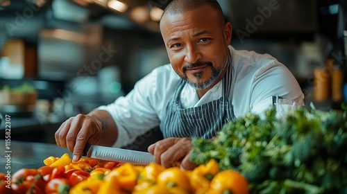 Chef skillfully preparing fresh ingredients in a modern kitchen setting