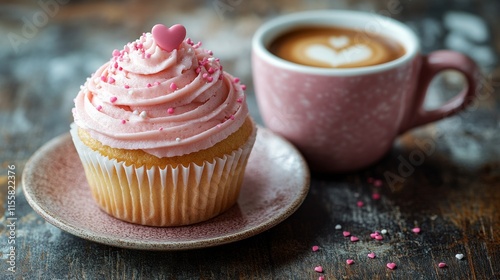 Sweet cupcake with pink frosting and latte art on wooden table during afternoon