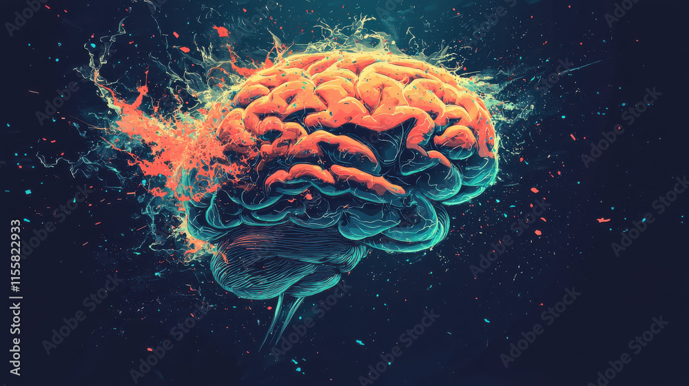 Obraz premium vibrant digital brain surrounded by chaotic energy streams, symbolizing creativity and technology