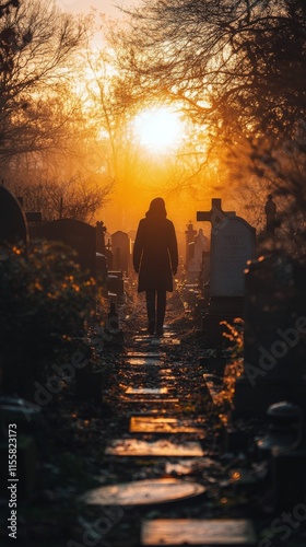 Sunset walk through an old cemetery with shadows and warm colors