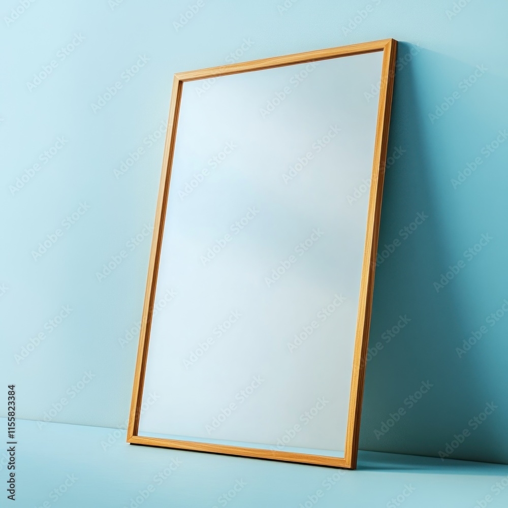 Empty wooden frame against light blue wall. Empty wooden frame against light blue wall.