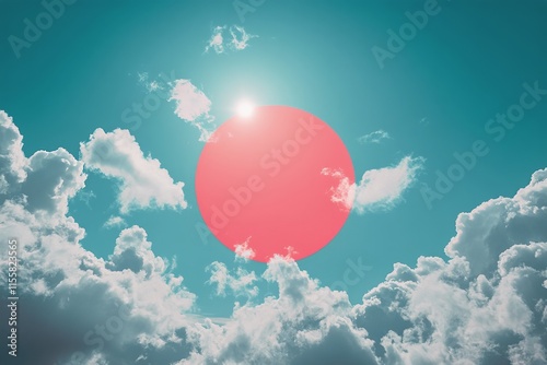Vibrant pink sun setting behind fluffy clouds in a serene sky