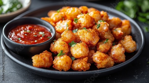 Delicious golden tater tots served with a side of rich marinara sauce