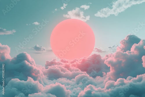 Vibrant pink sun setting behind fluffy clouds in a serene sky