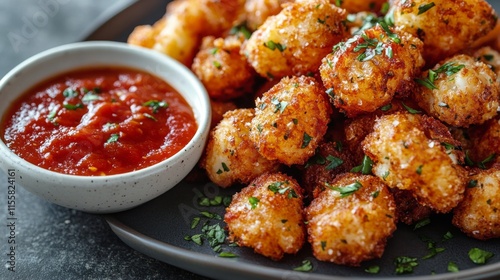 Delicious golden tater tots served with a side of rich marinara sauce