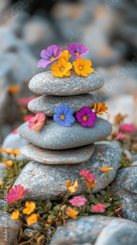 Colorful flowers adorn a stacked stone arrangement in a serene outdoor setting