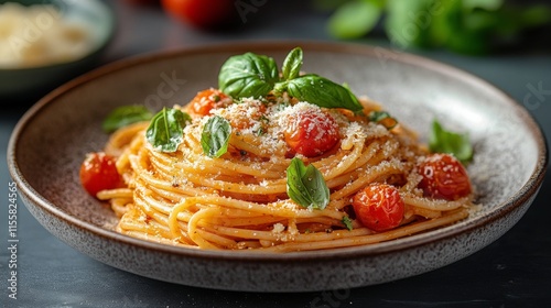 Fresh pasta preparation with cherry tomatoes and herbs on wooden cutting board