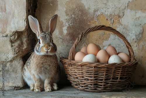 Cute bunny sitting next to a basket of eggs by the window in a cozy setting