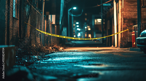 A nighttime alley cordoned off with bright yellow crime scene tape, creating a sense of mystery. photo