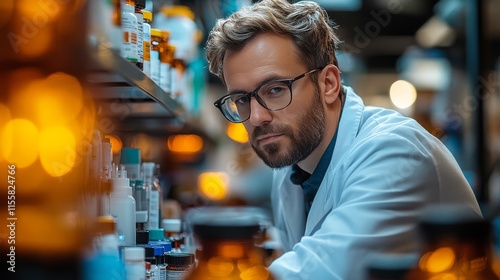 Scientist analyzing samples in a laboratory filled with colorful chemical bot...