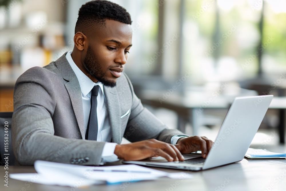 Businessman in a tailored suit focuses on his laptop while sitting at a desk in a bright office. Generative AI
