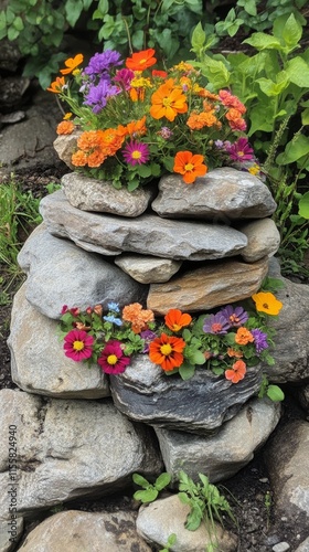 Colorful flowers adorn a stacked stone arrangement in a serene outdoor setting