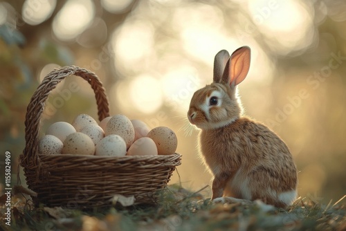 Cute bunny sitting next to a basket of eggs by the window in a cozy setting