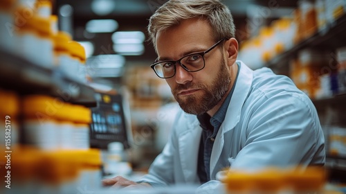 Male scientist analyzes data in laboratory filled with medicine containers af...