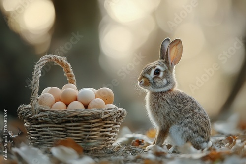 Cute bunny sitting next to a basket of eggs by the window in a cozy setting