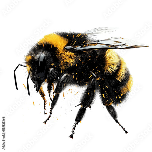 Hyper-realistic macro photograph of a bumblebee with vibrant yellow and black stripes, fuzzy texture, translucent wings, and sharp focus, showcasing biodiversity and pollination.
