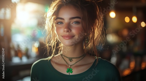 Young woman with a green necklace smiles warmly in a cozy cafe at sunset