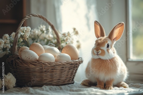 Cute bunny sitting next to a basket of eggs by the window in a cozy setting