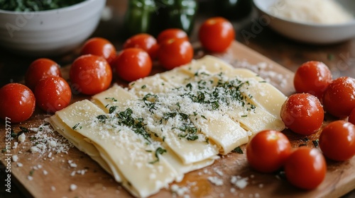 Fresh pasta preparation with cherry tomatoes and herbs on wooden cutting board