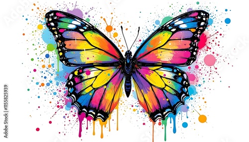 A colorful butterfly with vibrant wings made up of various paint splatters and drips , against a white background