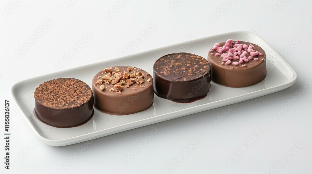 Raspberry-filled dark chocolate bonbons with a glossy finish on a White plate, chocolate photography Raspberry-filled dark chocolate bonbons with a glossy finish on a White plate, chocolate photography