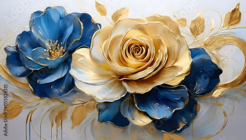 abstract floral oil painting gold and blue Rosa Damascena flower on white background