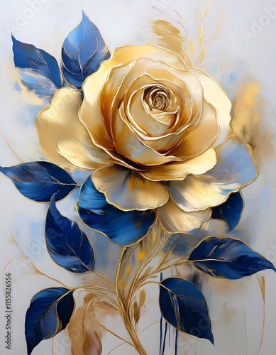 abstract floral oil painting gold and blue Rosa Damascena flower on white background